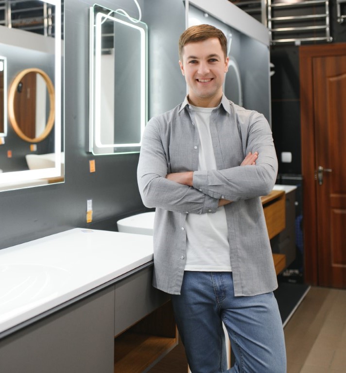 Middle age man choosing bathroom sink and utensils for his home.