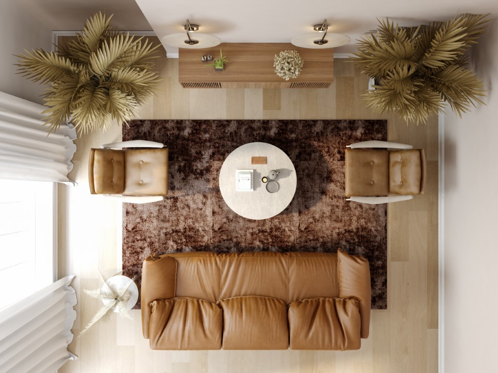 Minimalist Interior of modern living room top view 3D rendering