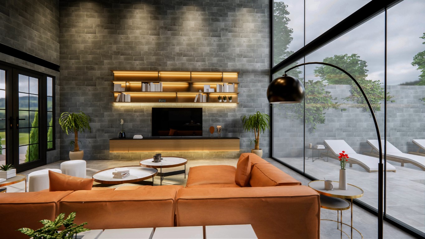 3d rendering. Interior house modern open living space with kitch