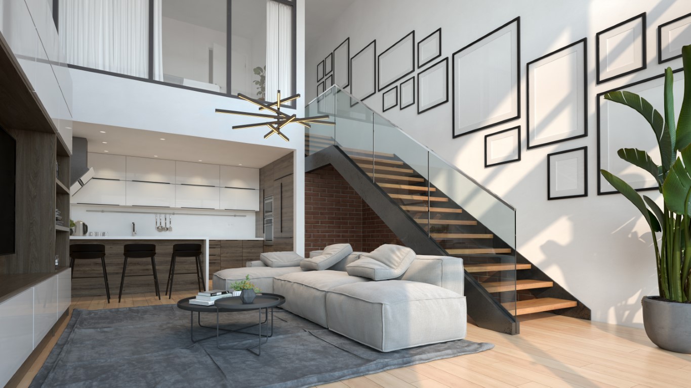 Minimalist Interior of modern living room 3 D rendering