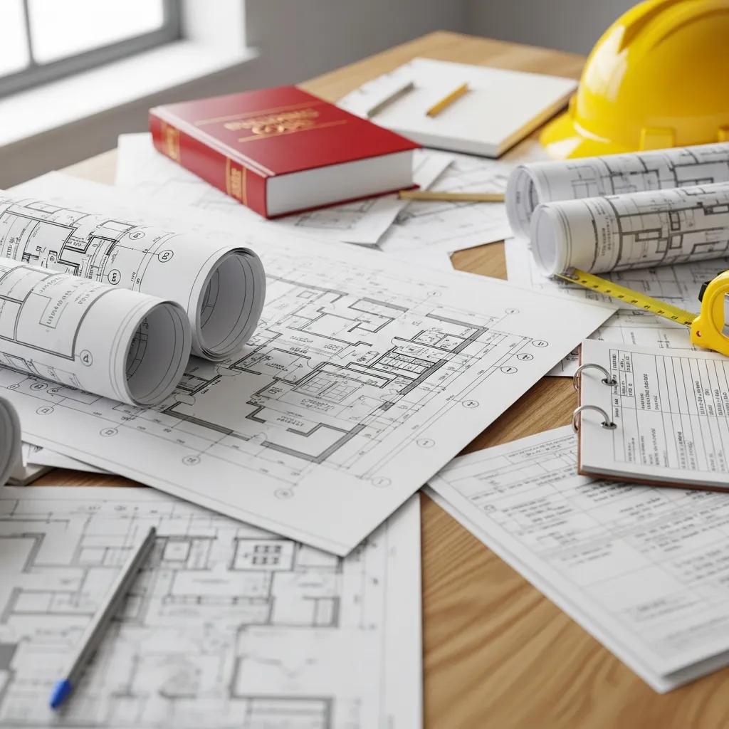 Architectural plans and building code documents laid out to highlight compliance needs for home renovations