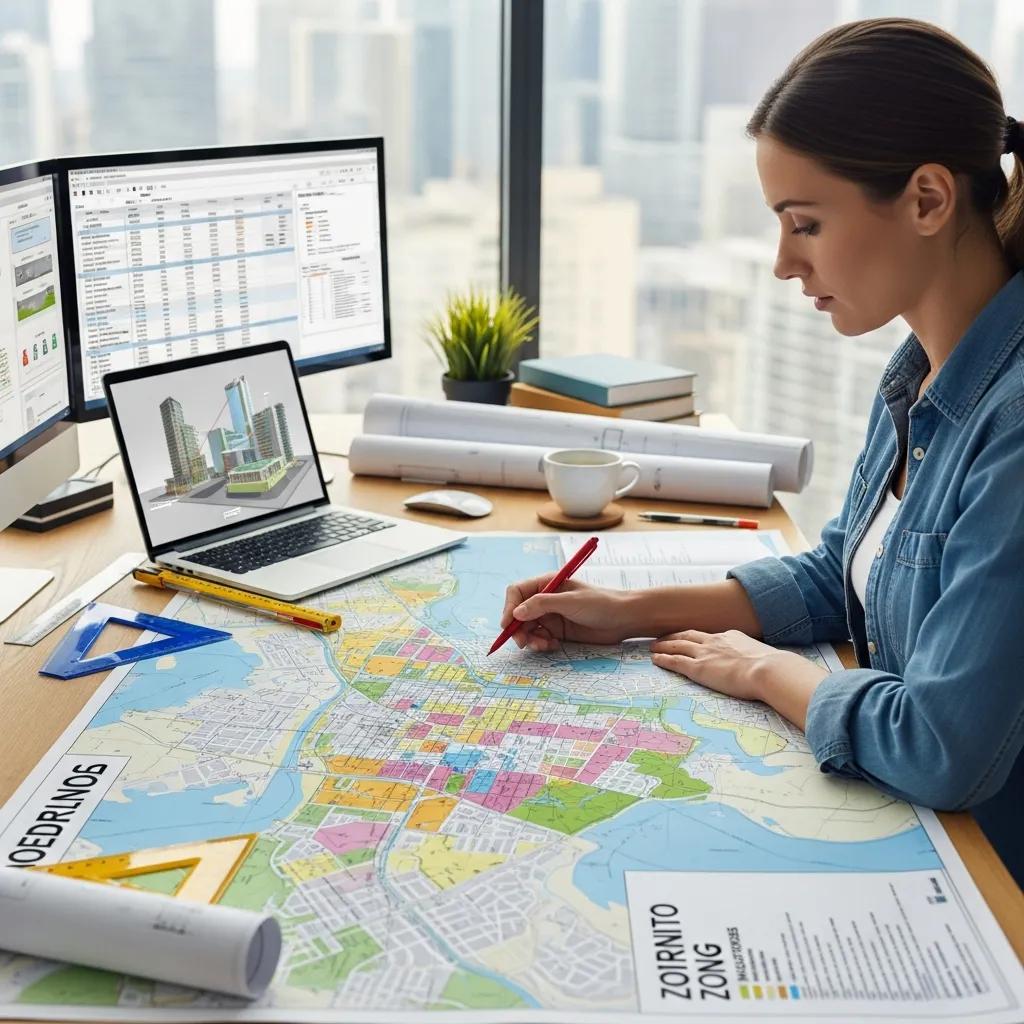 City planner analyzing zoning bylaws and building codes in a Toronto office