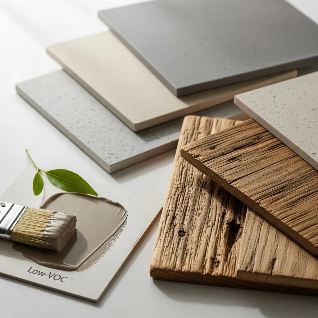 Close-up of sustainable renovation materials such as reclaimed wood and low‑VOC paint
