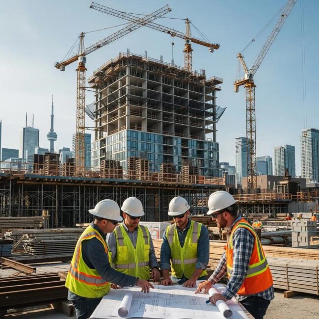 Construction site in Toronto with workers discussing blueprints, highlighting building permits and renovations