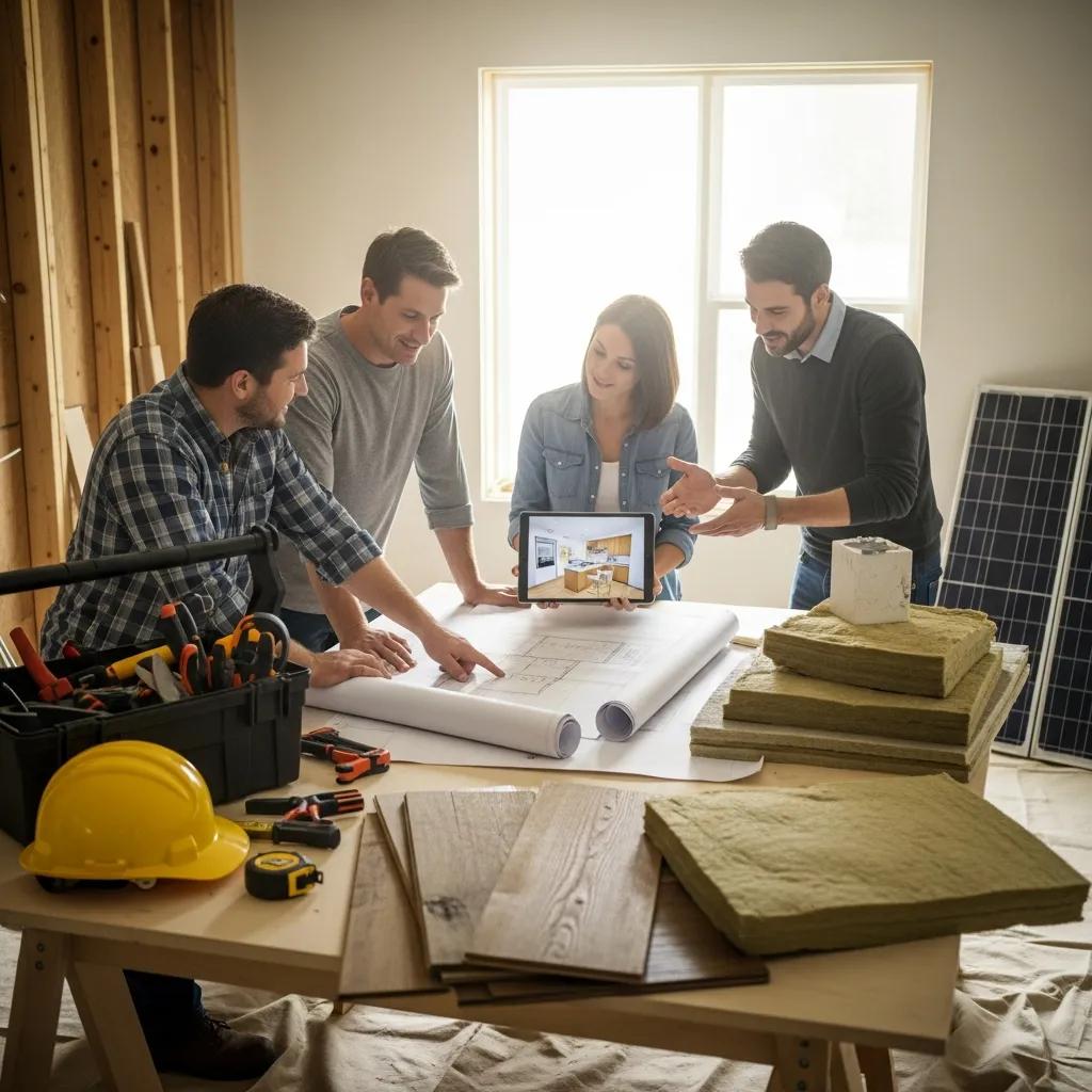 Homeowners and contractors reviewing eco‑friendly renovation plans