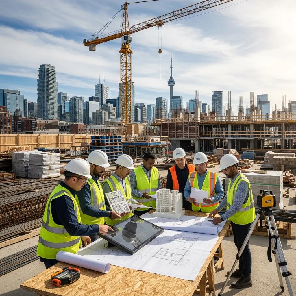 Design-build construction team collaborating on a project in Toronto with skyline in the background