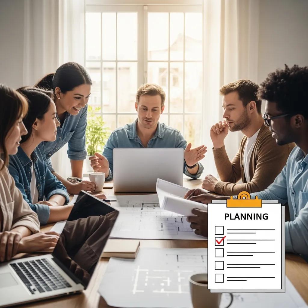 Homeowners collaborating with a designer on the building permit application process