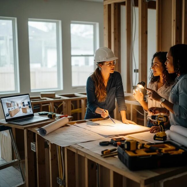 Homeowners consulting with a design-build contractor during a kitchen renovation