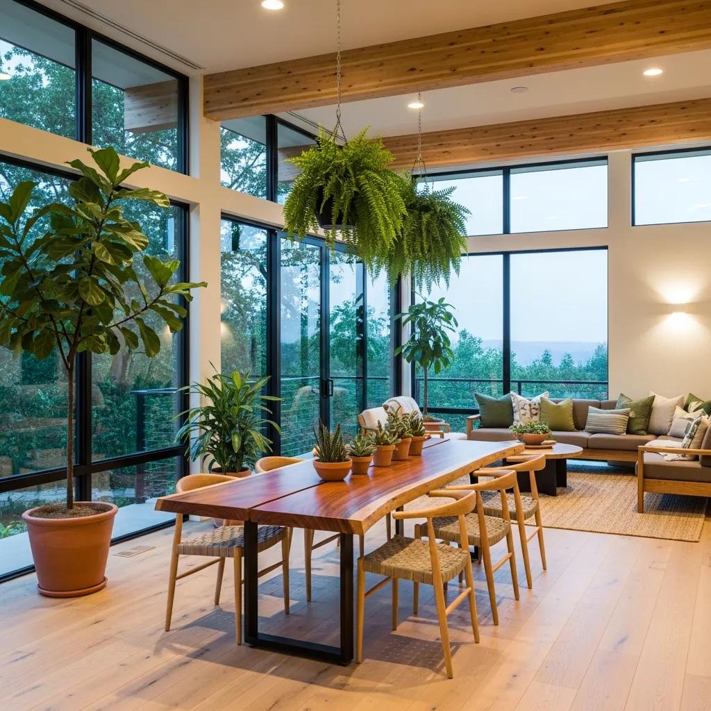 Interior with biophilic touches: large windows, plants and natural finishes for better well‑being