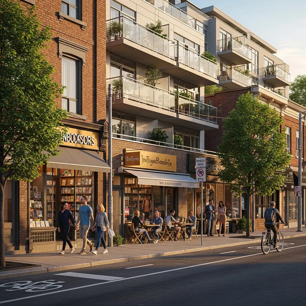 Toronto mixed-use commercial street with active storefronts and upper residential units