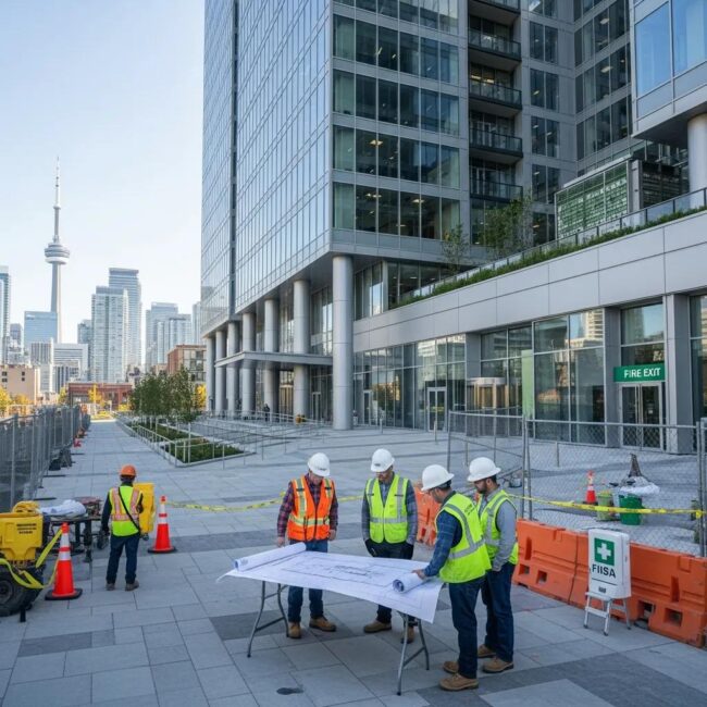 Modern commercial building in Toronto with construction workers discussing plans and blueprints
