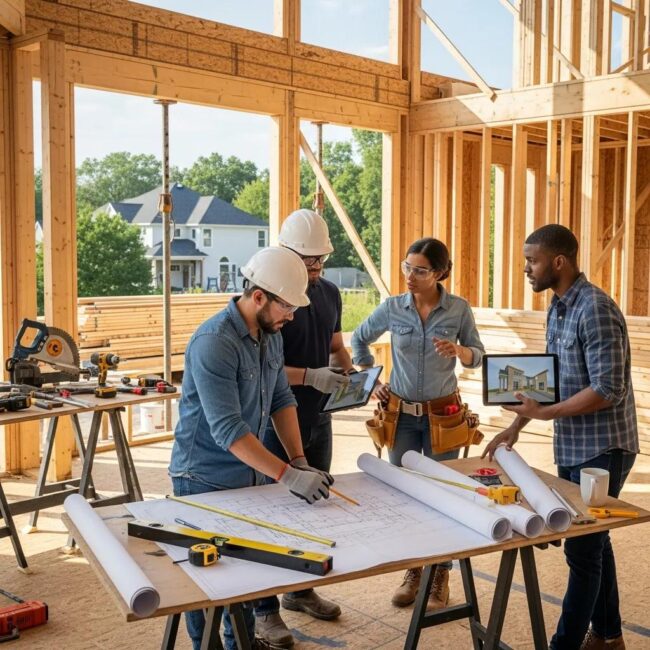 Modern home renovation scene in New Jersey with construction team collaborating on design-build project