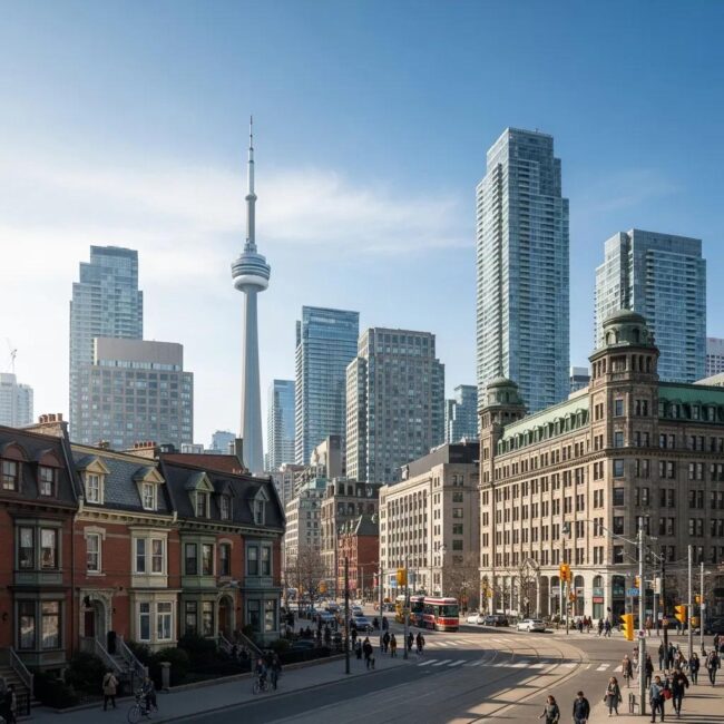Toronto cityscape featuring a mix of Victorian, Edwardian, and modern architectural styles