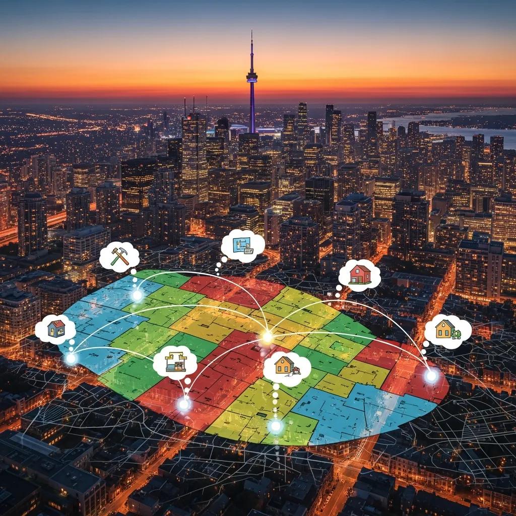 Toronto skyline overlaid with zoning map illustrations to show how bylaws affect home renovation scope