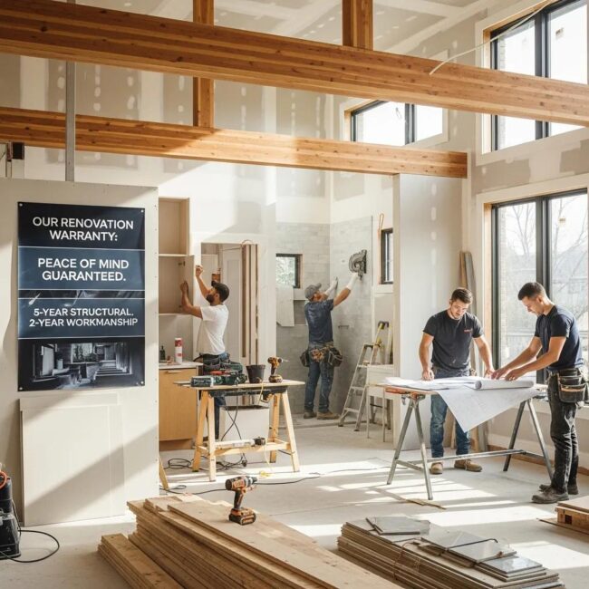 Toronto home renovation with contractors working, highlighting the importance of warranties