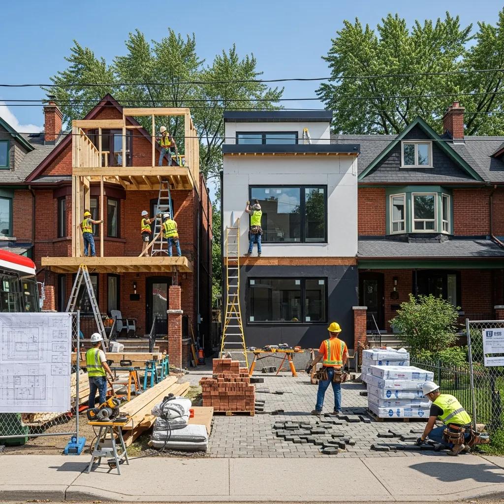 Toronto residential neighborhood with home renovations in progress, showcasing construction workers and diverse architectural styles