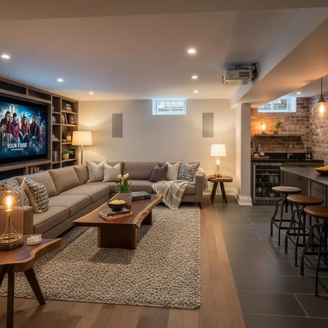 Stylish basement renovation in Toronto featuring an entertainment area with comfortable seating and modern decor